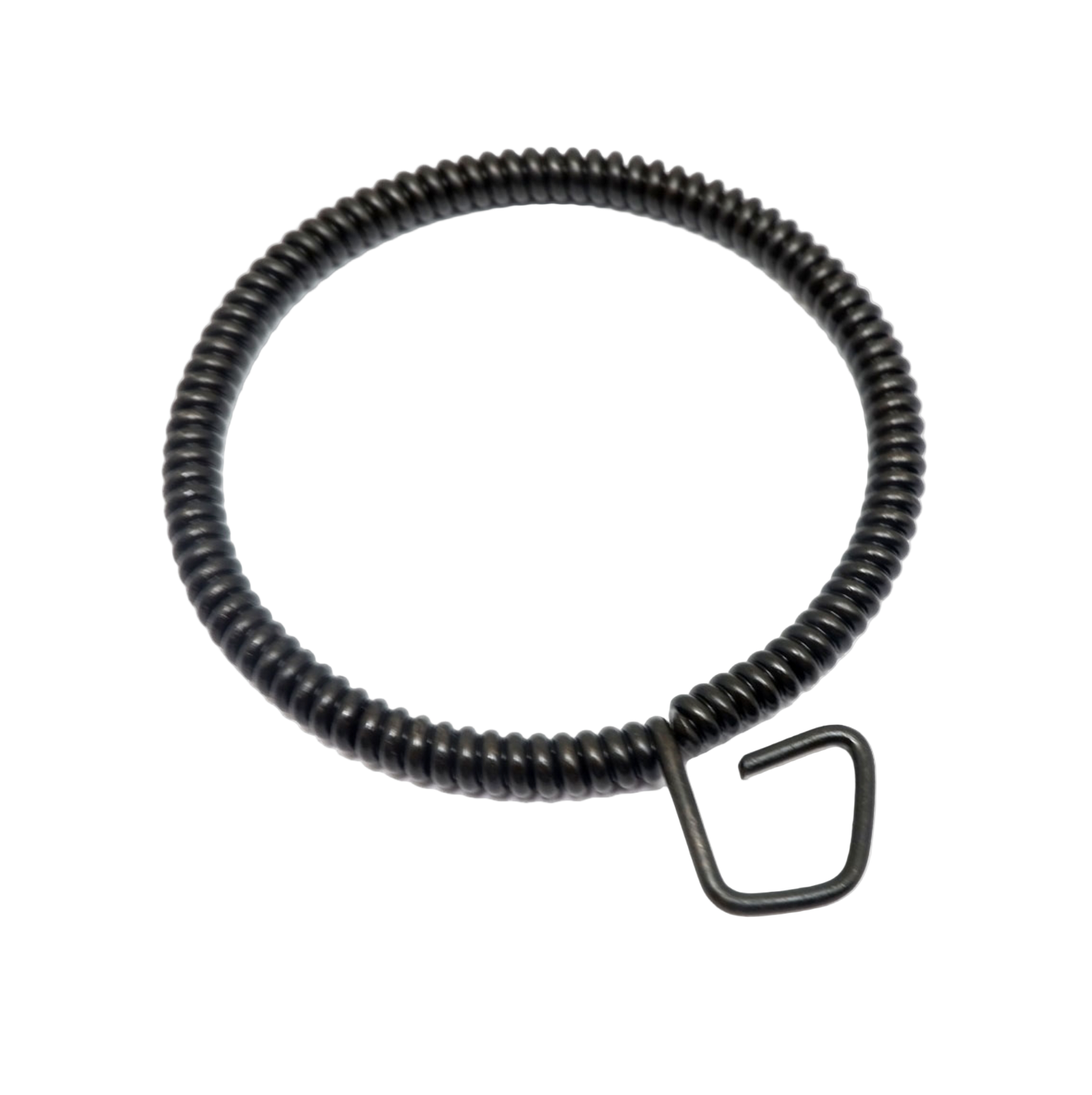 A black metal retainer spring with a loop end.